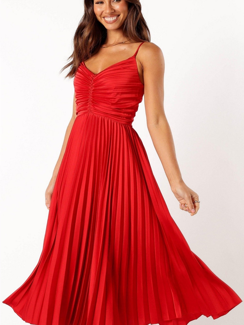 Petal & Pup Red Pleated Midi Dress with Spaghetti Straps